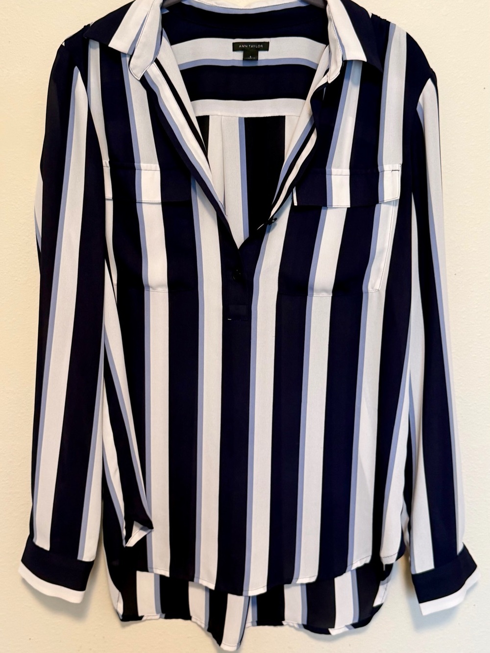 Ann Taylor Navy & White Striped Button Front Blouse | Women’s Size S